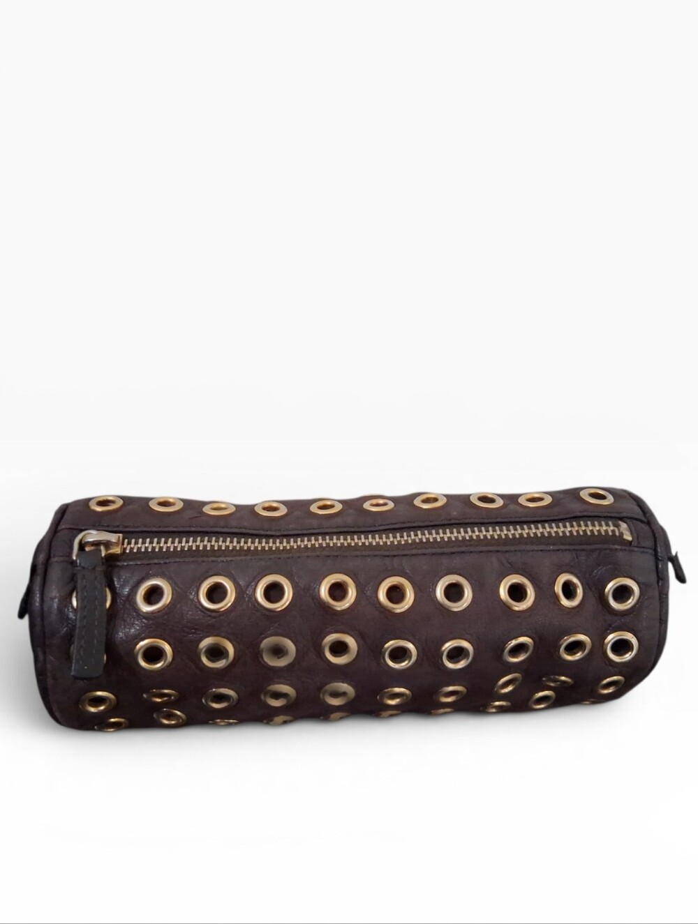 Authentic PRADA Vintage Nappa Leather Grommet Eyelet Barrel Bag Clutch – Brown